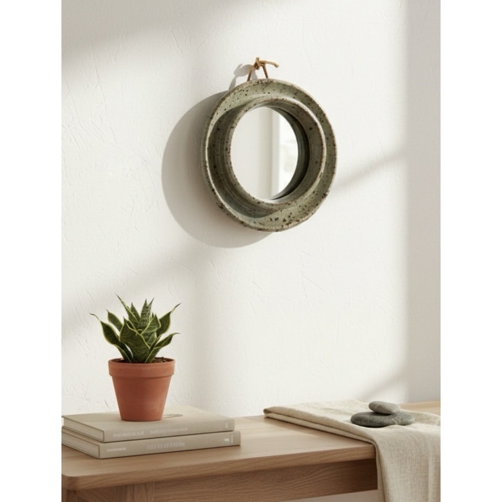 Vintage‎ Studio Pottery Brown Speckled Round Wall Mirror Minimalist Stoneware